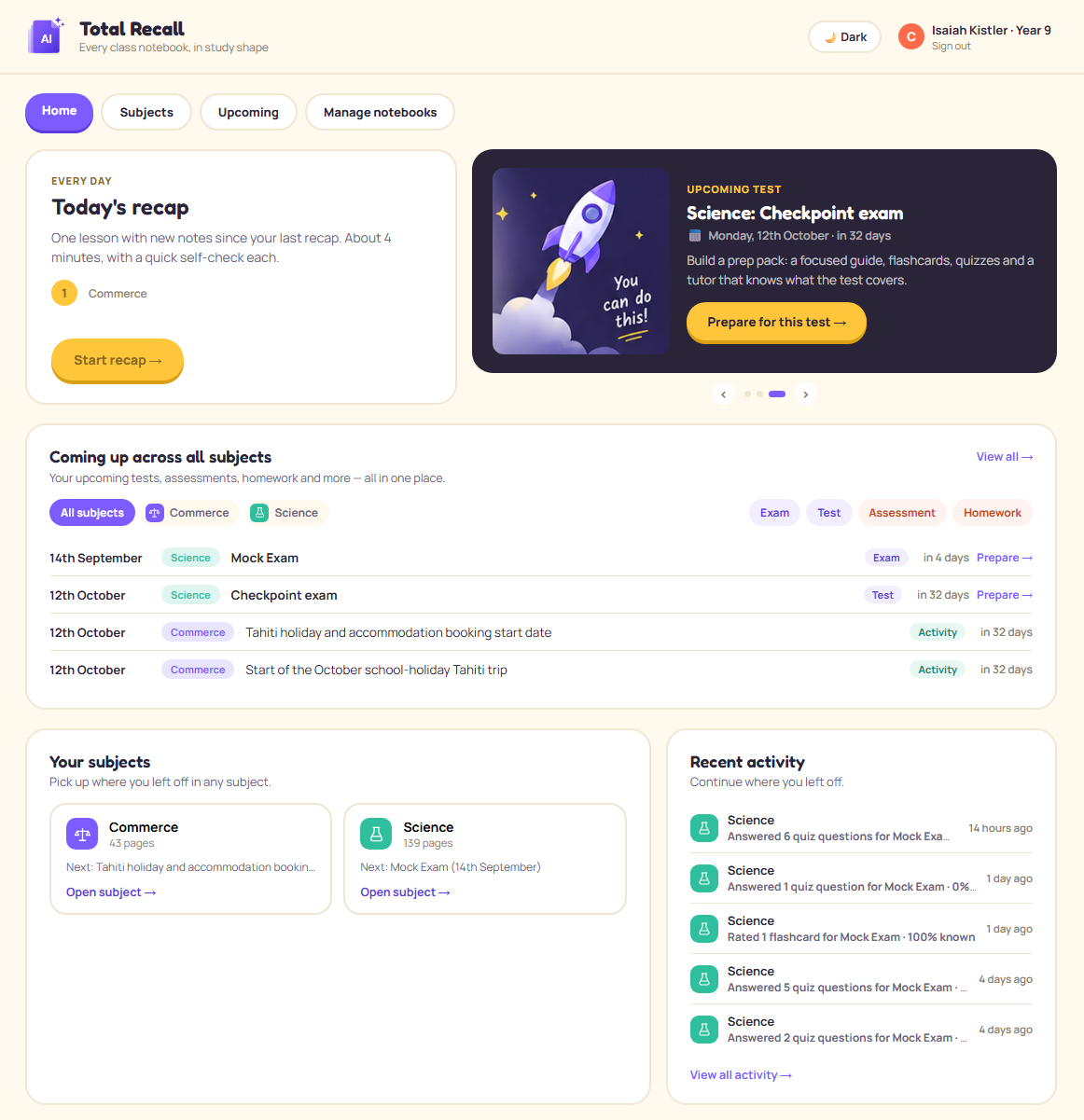 Total Recall &mdash; a study application built on the CK Solutions platform, showing today's recap, upcoming tests and recent activity